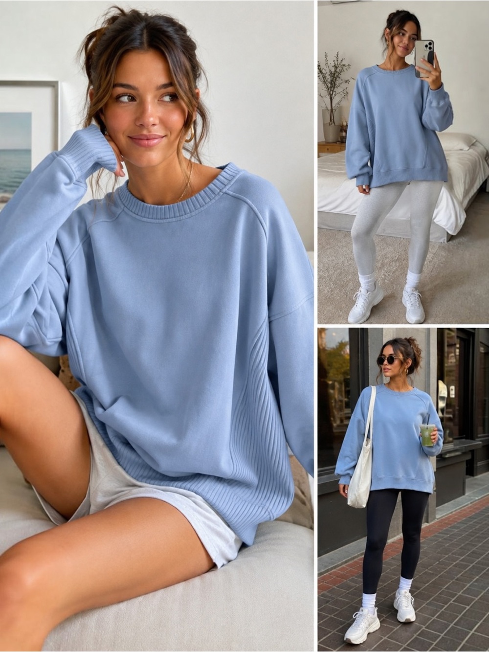 Aerie Down To Earth Oversized Crew Sweatshirt M Blue Ribbed Side Panels